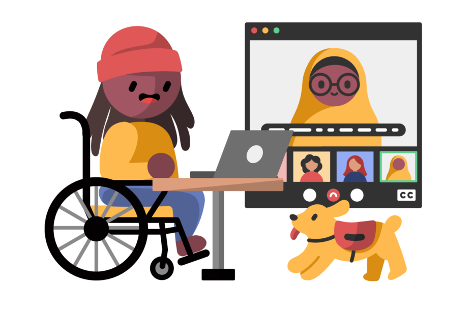 Een tekening van iemand van kleur in een rolstoel en met een rode muts op. Hen zit aan een tafel en kijkt op een laptop. Rechts op de tekening is te zien wat zichtbaar is op de laptop, iemand van kleur met een hoofddoek. Rechtsonder is een hond getekend.