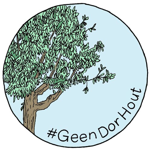 Een wit vlak met lichtblauwe cirkel. In de cirkel staat een bloeiende boom en de hashtag #GeenDorHout.