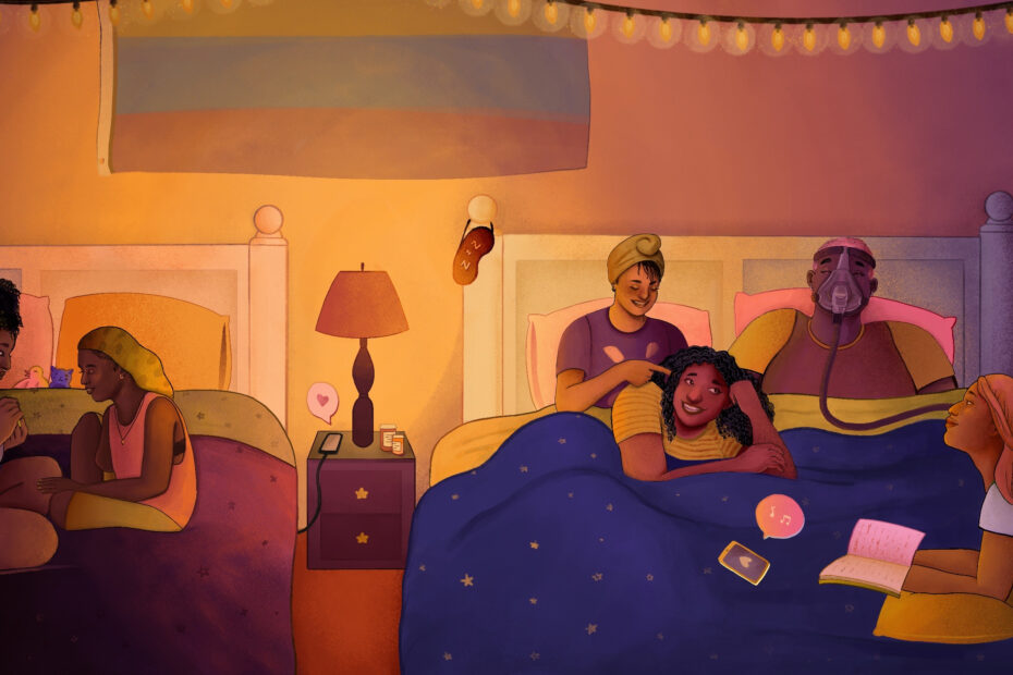 Afbeelding van zes mensen, verspreid over twee bedden. Tussen de twee bedden in staat een lamp en boven de bedden hangt een poster en een lichtsnoer.