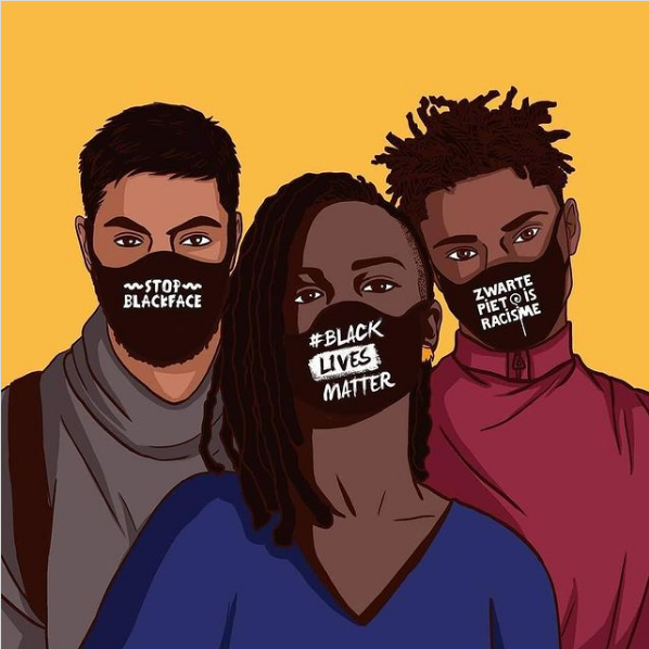 een illustratie van @hiddenlionstudio met twee Zwarte personen en een persoon van kleur. Ze dragen alle drie mondkapjes, met daarop de teksten ‘Stop Blackface’, #BlackLivesMatter en ‘Zwarte Piet is Racisme’.