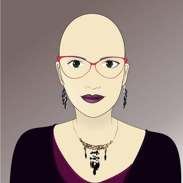 Portrettekening van Morganna, een witte, kale vrouw met een bril, oorbellen en een halsketting. Ze draagt paarse kleding en de achtergrond van de tekening is grijs.