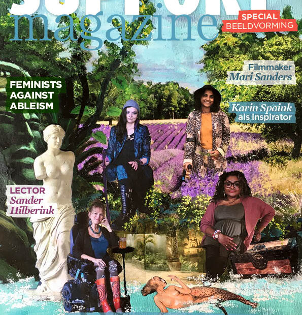 Cover van Support Magazine. Foto's van Judith, Sita, Jeanette, een wit marmeren beeld en een witte vrouw in een rolstoel lijken over een veld met lavendel heengeplakt.