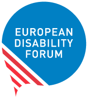 blauwe cirkel met roodwitte lijnen linksonder en in het midden in witte letters de tekst 'european disability forum
