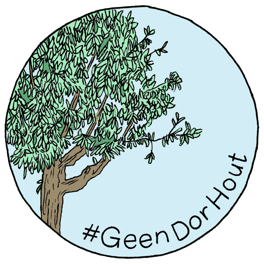 cirkel met een lichtblauwe achtergrond waarop links een boom is getekend en rechts de tekst #GeenDorHout staat.