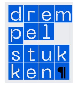 Een reeks blauwe vierkantjes verdeeld over vier rijen. In witte letters staat in de vierkantjes het woord Drempelstukken.